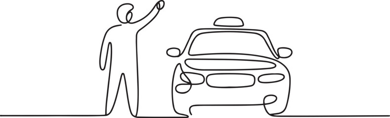 Obraz premium Continuous single one line drawn line passenger catches a taxi. one line Icon drawing