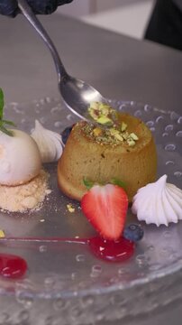 Delicious Chocolate Lava Cake souffle with Powdered Sugar and ice cream kitchen preparation High quality FullHD footage