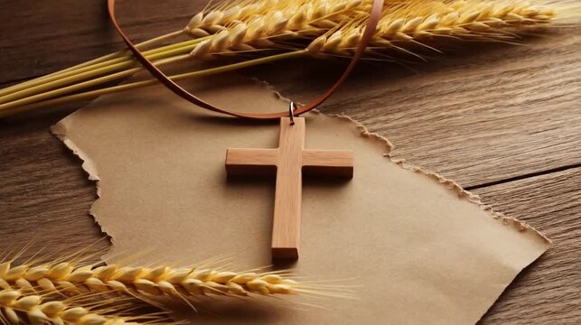 Wooden Cross with Wheat Ears on Rustic Background Symbolizing Christian Faith and Harvest