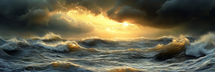 Naklejka premium A dramatic scene of a stormy sea at sunset with clouds and golden light.