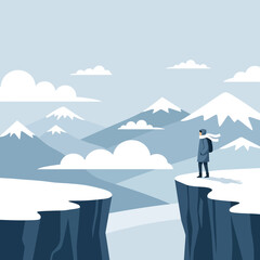 Obraz premium Solitary Wanderer Gazes Across Vast Snowy Mountain Peaks