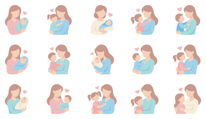 Fototapeta premium Mother and child illustrations depicting various moments of maternal love and affection, celebrating the special bond between parent and offspring.