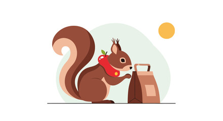 Squirrel Finds a Lunch Bag Under The Sunny Sky, Full Day, Cute Animal Illustration