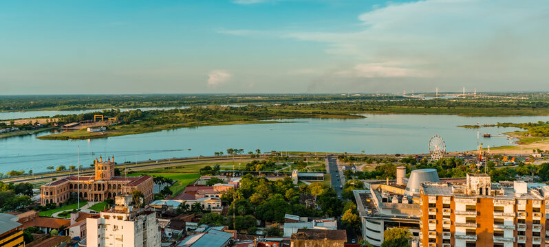 Aerial panoramic view of central Asuncion, Paraguay with the River Paraguay in the background