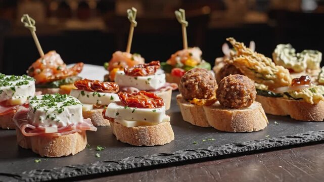 Assortment of gourmet tapas and appetizers on a black slate tray