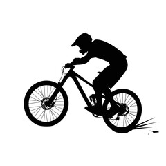 Fototapeta premium Silhouette of Mountain Biker Riding Rough Terrain in Motion.