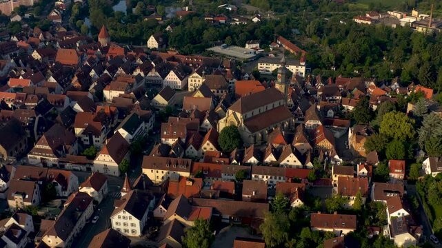 Aerial view beside the old town city Vaihingen an der Enz on an sunny afternoon in autumn.