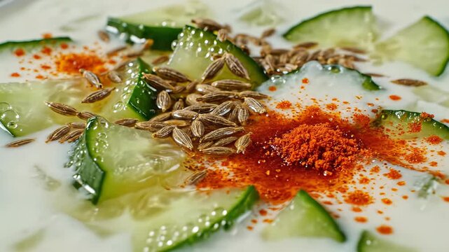 Close up of refreshing cucumber raita a cooling yogurt based Indian dish sprinkled with toasted cumin seeds and vibrant red chili powder perfect for summer meals and healthy eating