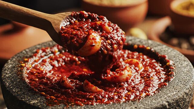Close up of rich red chili paste being scooped from a stone mortar with a wooden spoon in warm rustic lighting