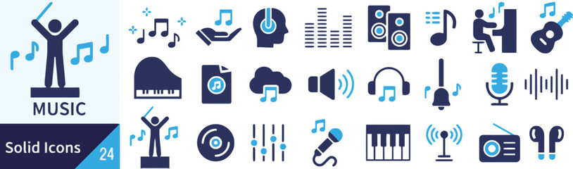 Collection of solid icons representing music and audio, featuring instruments, sound equipment, and musical notes © Md