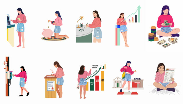 Young woman engaging in diverse financial activities: ATM, savings, investments, budgeting, and banking. A modern guide to personal finance management.
