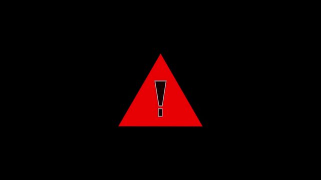 Warning alert sign blinking on black background with red triangle and exclamation mark symbol video