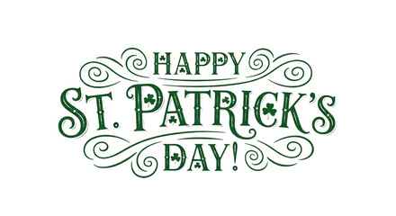 Fototapeta premium Happy St. Patrick's Day Swirls Text PNG Illustration Green Calligraphy Shamrocks Curl Luck Symbol for Festive Greeting and Graphic Design