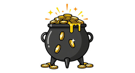 Happy St. Patrick's Day Sparkle Gold Pot PNG Illustration Black Cauldron Overflow Coins Sparkles Treasure Luck Symbol for Celebration and Graphic Design