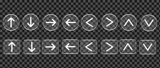 Glass morphism navigation arrow buttons icon set for ui design. Cursor arrow up down left right. Next and previous arrow symbol vector 