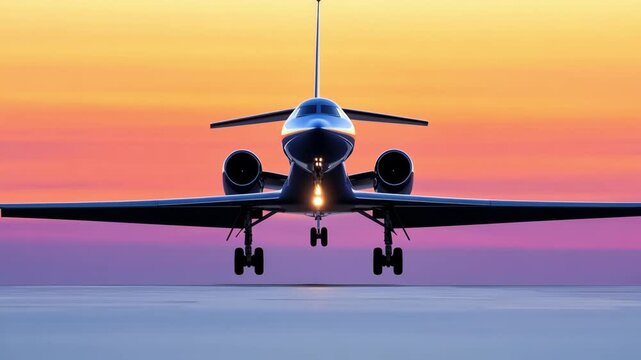 A private jet approaches for landing as the sun sets, painting the sky with vibrant orange and purple hues. The calm ocean reflects the stunning colors, creating a serene atmosphere.