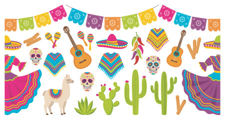 Fototapeta premium Colorful Mexican culture elements set with traditional symbols like sombreros, guitars, sugar skulls, and cacti for festive celebrations.