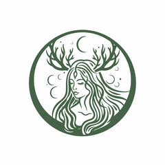 Fototapeta premium Woman with antlers illustration within a circle design on white background