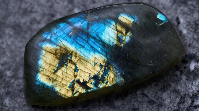 Labradorite macro flash, iridescent blue, gold, and green colors (labradorescence) flashing across a dark grey stone surface