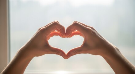 Fototapeta premium Close-up of two hands forming a heart shape with fingers, bright background