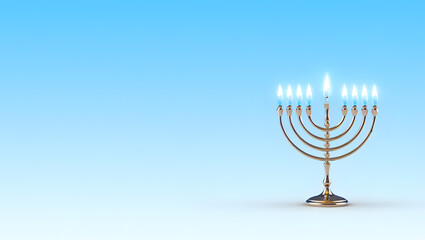 Fototapeta premium A golden menorah features vibrant blue-lit candles against a bright gradient blue background.