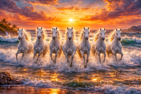 7 White Horses Running Through Ocean Waves at Sunset &ndash; Power, Freedom and Tropical Energy