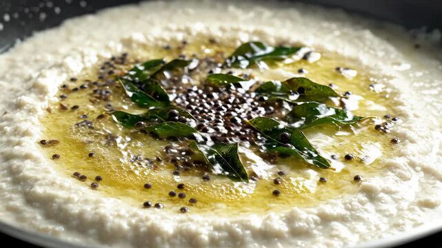 Close up on a delicious Indian coconut chutney being prepared in a pan with tempering of curry leaves mustard seeds and asafoetida creating a flavorful aroma for a healthy breakfast or side dish in