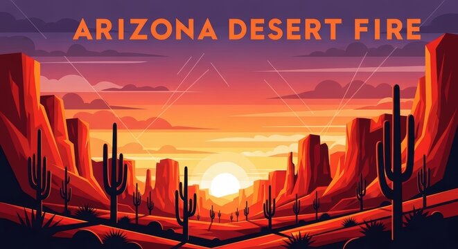 Contemporary illustration of Arizona featuring red rock canyons, desert cacti, glowing sunset sky, geometric shapes, warm gradient palette, lettering &ldquo;Arizona &mdash; Desert Fire&rdquo;