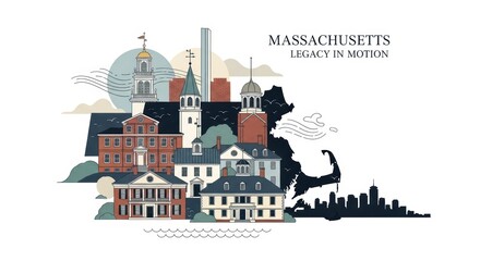 Modern refined illustration of Massachusetts with historic architecture and ocean breeze tones, muted palette, elegant typography &ldquo;Massachusetts &mdash; Legacy in Motion&rdquo;