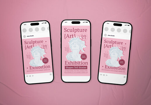 Pink & Off-White Illustrative Sculpture Art Exhibition Event Social Media