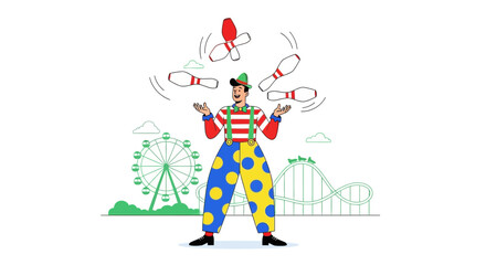 Naklejka premium Vibrant Amusement Park Scene With A Juggling Clown And Ferris Wheel
