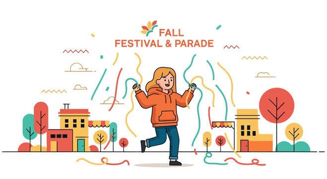 Vibrant Autumn Festival Celebration With Confetti And Joyful Character
