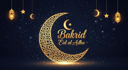 Digital Islamic holiday image. Features crescent moon, stars, lanterns on a dark, sparkling background
