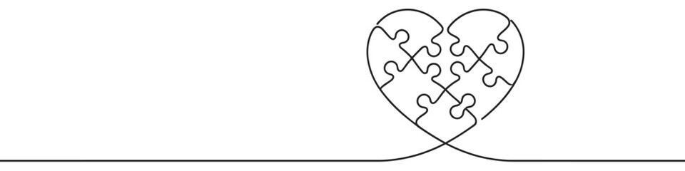 Heart puzzle pieces forming a continuous line drawing illustration, symbolizing connection, unity, and the concept of love and relationships.