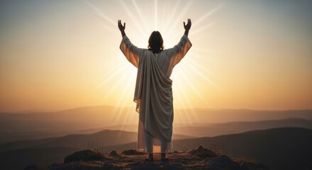 Fototapeta premium Figure in robes with arms raised, bathed in radiant light on a mountaintop