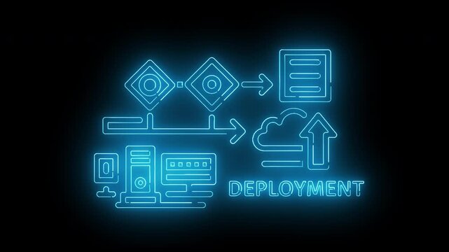 Neon-lit illustration of a deployment process with glowing blue icons and text on a black background.