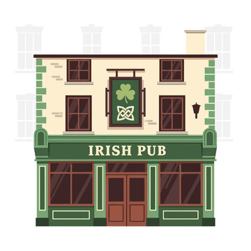 Vibrant Illustrated Irish Pub Facade Design Depicting a Classic Shamrock Sign and Doorway