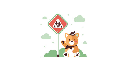 Fototapeta premium Whimsical Bear Character Waving Beside a Pedestrian Crossing Sign