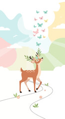 Naklejka premium Whimsical Deer And Butterflies In Dreamlike Landscape Gentle Creatures Nature's Magic