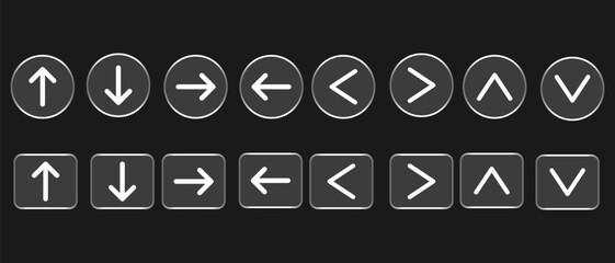 Glass morphism navigation arrow buttons icon set for ui design. Cursor arrow up down left right. Next and previous arrow symbol vector 