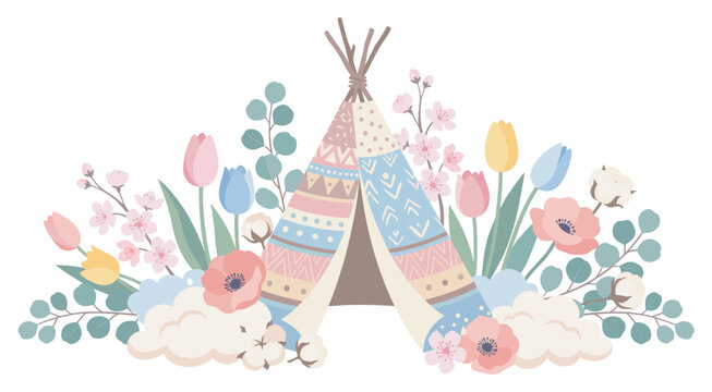 Cute bohemian teepee tent surrounded by a beautiful arrangement of pastel flowers and whimsical botanical elements.