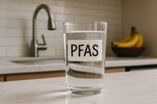 Household drinking glass with PFAS label representing chemical contamination in water supply and toxic environmental exposure