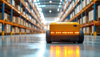 Yellow autonomous mobile robot navigating through large distribution warehouse aisle lined with tall industrial shelving and packages