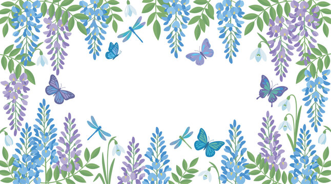 Beautiful floral border with butterflies and dragonflies creating a charming spring frame featuring blooming wisteria and delicate snowdrops.