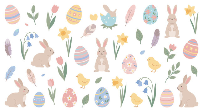 Cute Easter bunnies, eggs, chicks, flowers, and feathers are arranged as a charming pastel spring collection of elements.