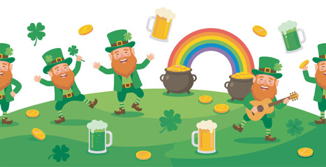 Fototapeta premium Happy leprechauns celebrating St Patricks Day with shamrocks, pots of gold, rainbows, and mugs of beer in a festive seamless pattern.