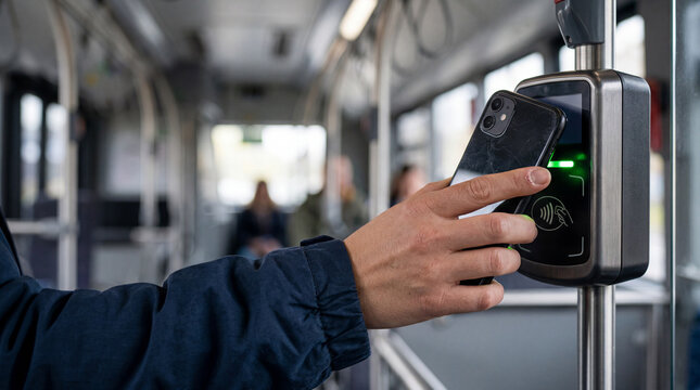 Hand tapping smartphone on contactless payment terminal inside public bus