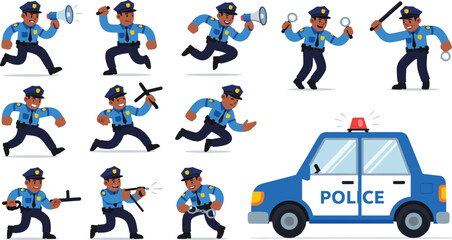 Police Officer Action Set Law Enforcement Patrol Car Illustration Commercial Licensing © jannat Stock