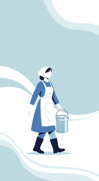 Woman Carrying a Milk Pail Walking Through Abstracted Blue Landscape Design Illustration