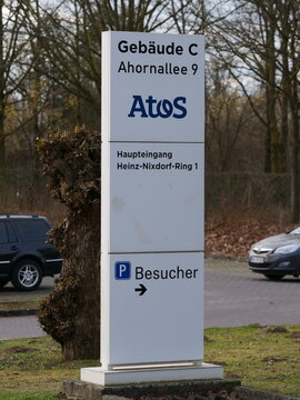 Germany, Paderborn, February 28. 2026, sign logo of Atos SE, a publicly traded French IT services company